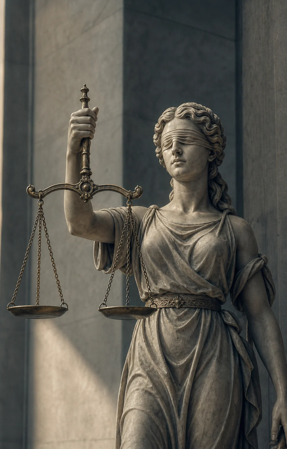 Statue de la Justice aux yeux bandés tenant une balance